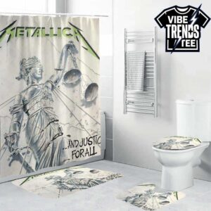 Metallica And Justice for All Album 1988 Stone Statue Aesthetic Bathroom Mat Set With Shower Curtain