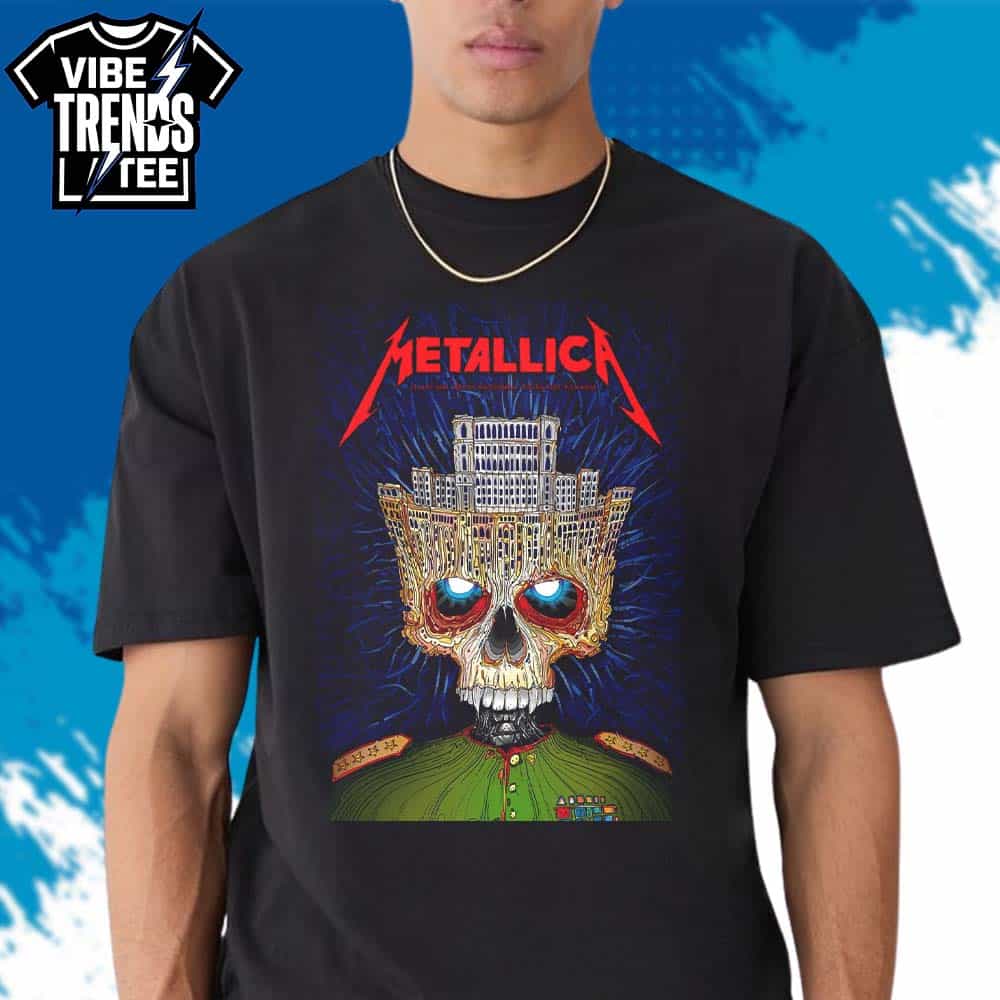 Metallica Bucharest 2026 Venue Poster Palace of the Parliament Skull For May 13 2026 At Arena Nationala M72 Bucharest Romania Short T-Shirt Metallica Bucharest 2026 Venue Poster Palace of the Parliament Skull For May 13 2026 At Arena Nationala M72 Bucharest Romania Short T-Shirt