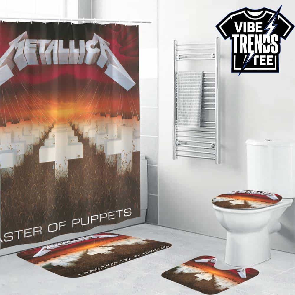 Metallica Master of Puppets Album 1986 Iconic Graveyard Graphic Premium Fabric Bathroom Mat Set With Shower Curtain Metallica Master of Puppets Album 1986 Iconic Graveyard Graphic Premium Fabric Bathroom Mat Set With Shower Curtain