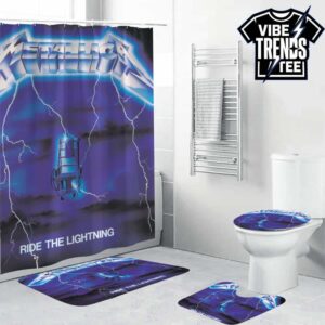 Metallica Ride the Lightning Album 1984 Electric Blue Heavy Metal Art Bathroom Mat Set With Shower Curtain