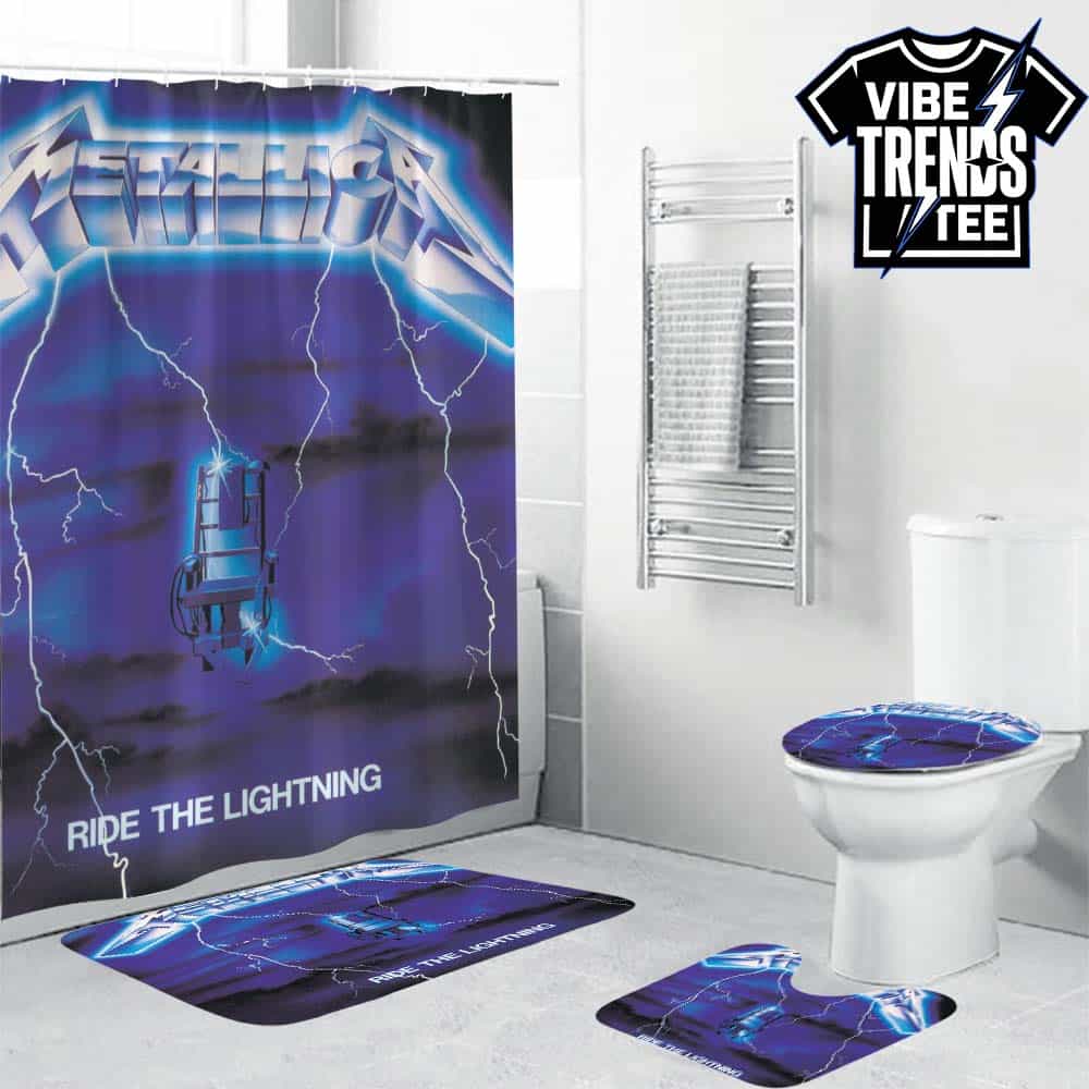 Metallica Ride the Lightning Album 1984 Electric Blue Heavy Metal Art Bathroom Mat Set With Shower Curtain Metallica Ride the Lightning Album 1984 Electric Blue Heavy Metal Art Bathroom Mat Set With Shower Curtain